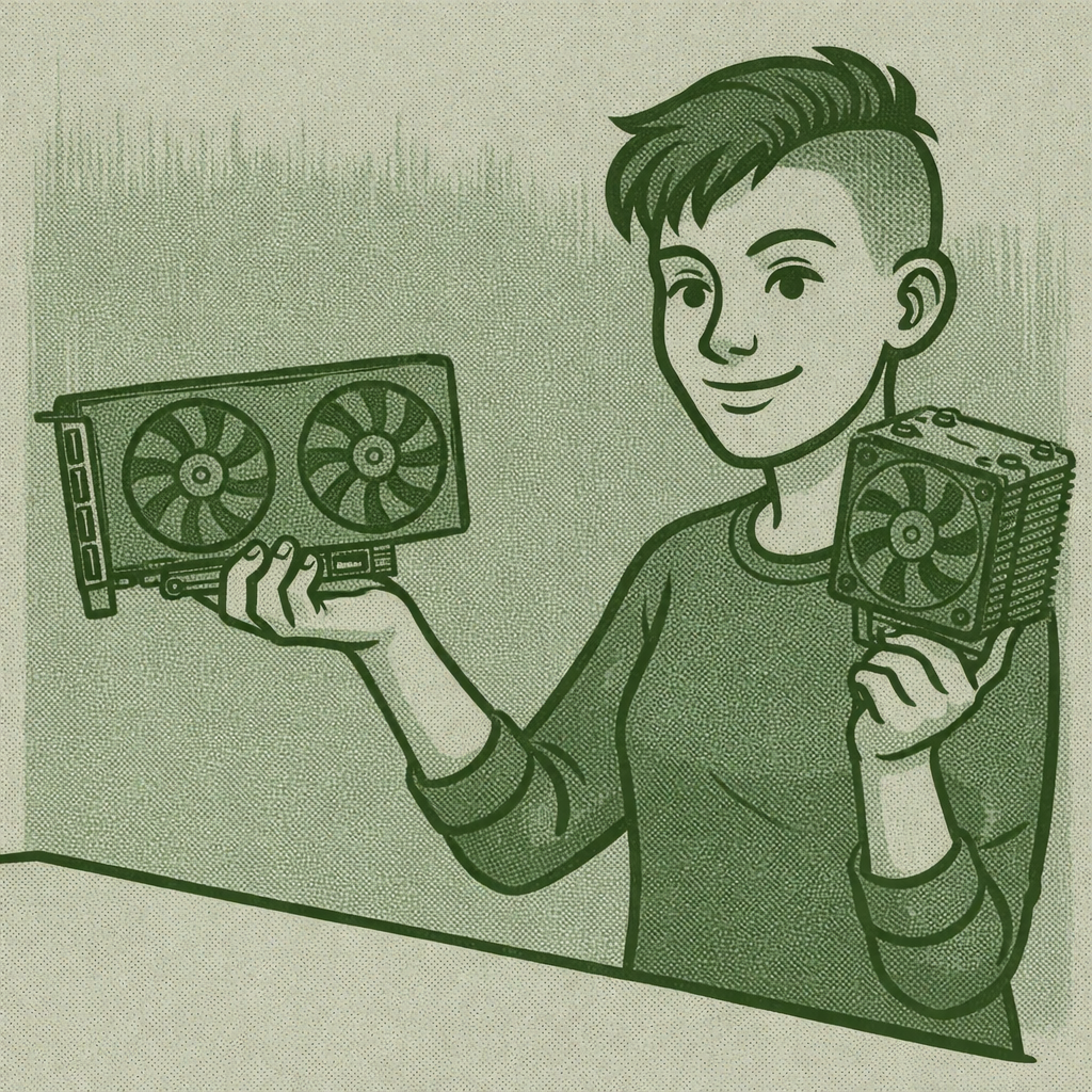 Picture of a girl holding a graphics card and cpu cooler